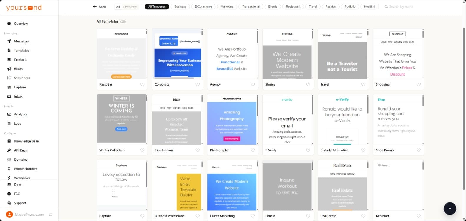 YourSend template library with reusable email templates
